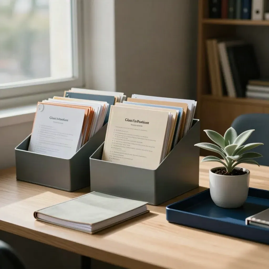 Grant planning trays, binder and desk plant on a pale wood table by a window.