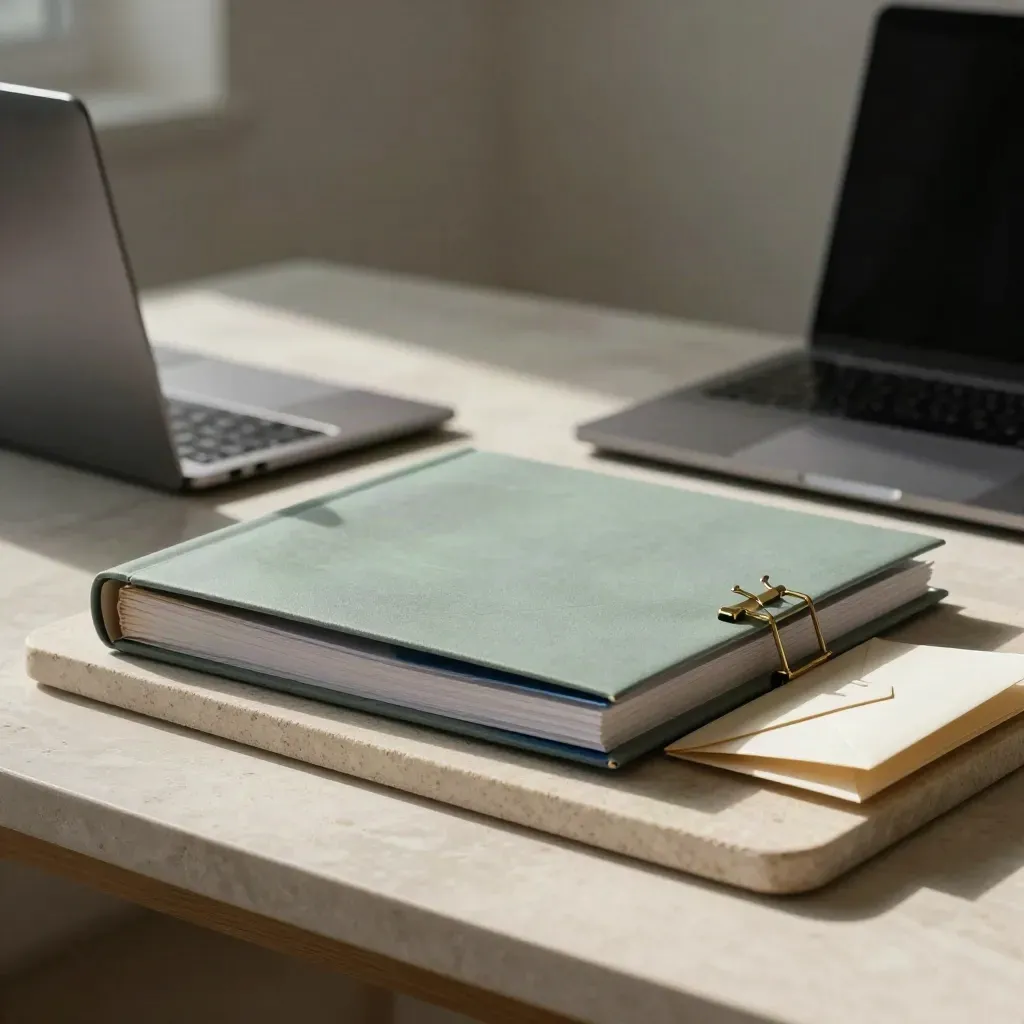Rain-lit proposal binder, laptop, envelopes and stone tray in a moody grant consulting scene.