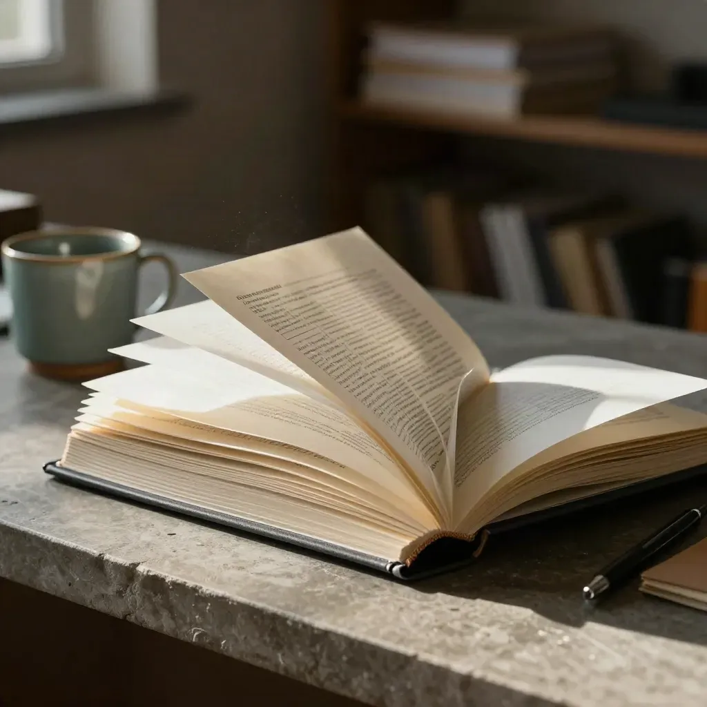 Open proposal binder with pencil and mug on stone, lit by a low warm beam.
