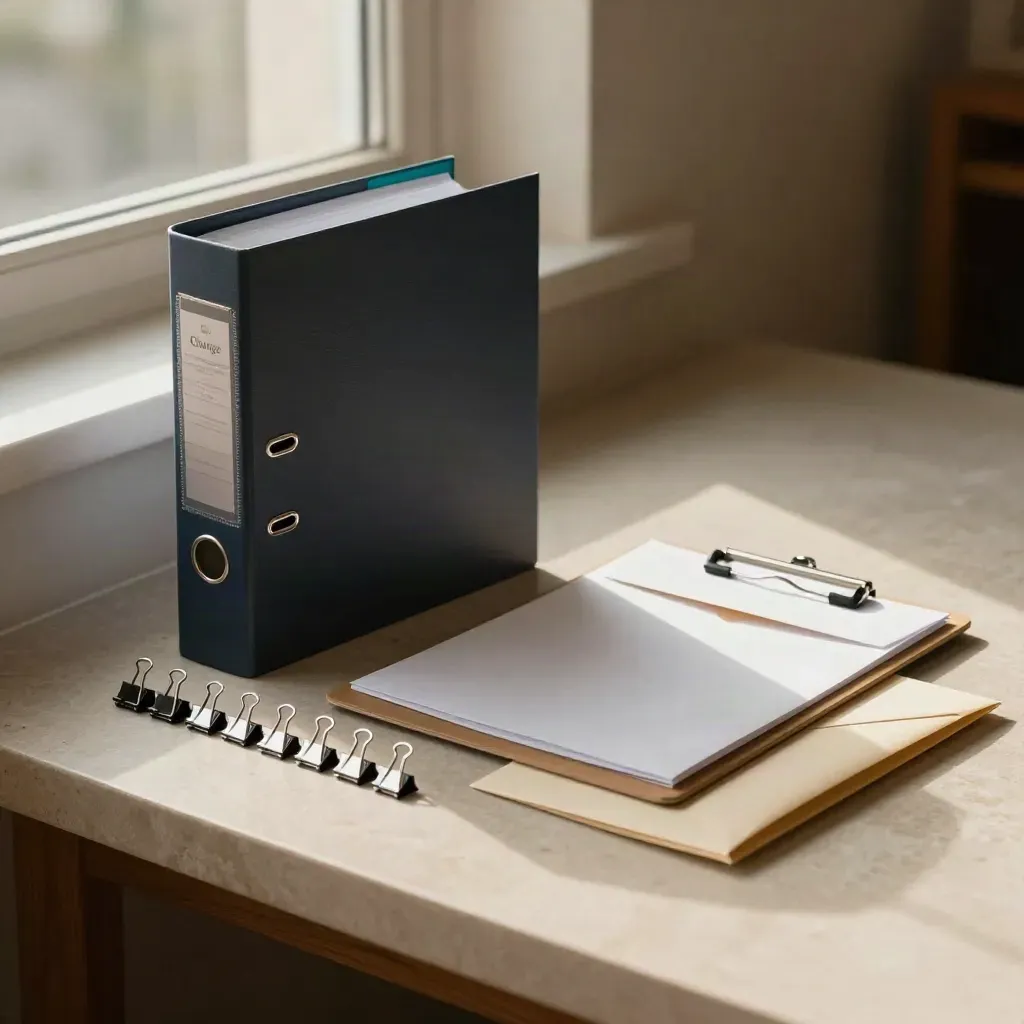 Binder, clipboard, envelope, and clips neatly arranged on stone by a sunlit window.