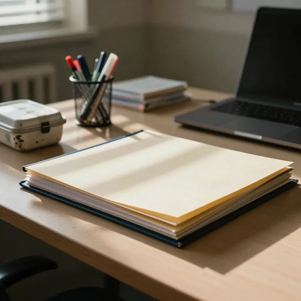 School grant folders and classroom supplies on a sunlit office table.