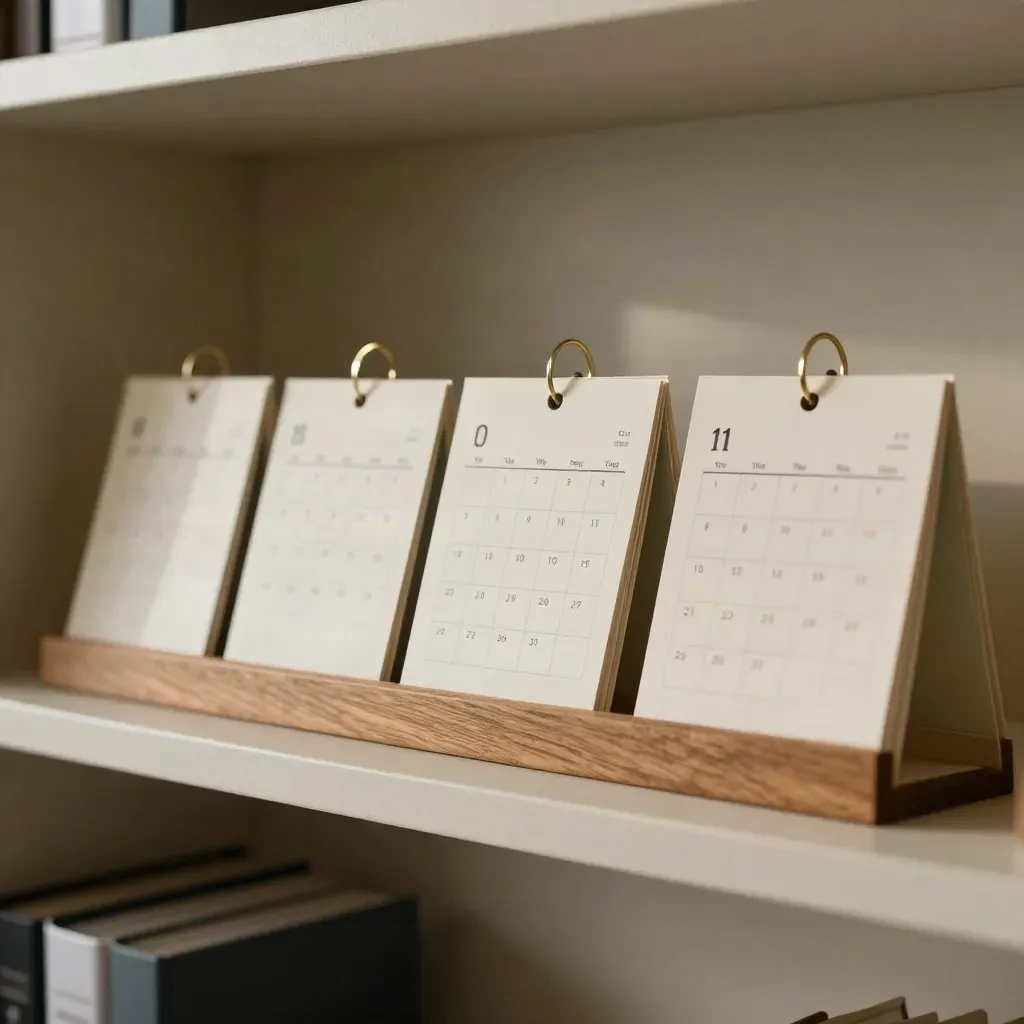 Calendar cards, folder stacks, and a brass clip arranged on a pale shelf.