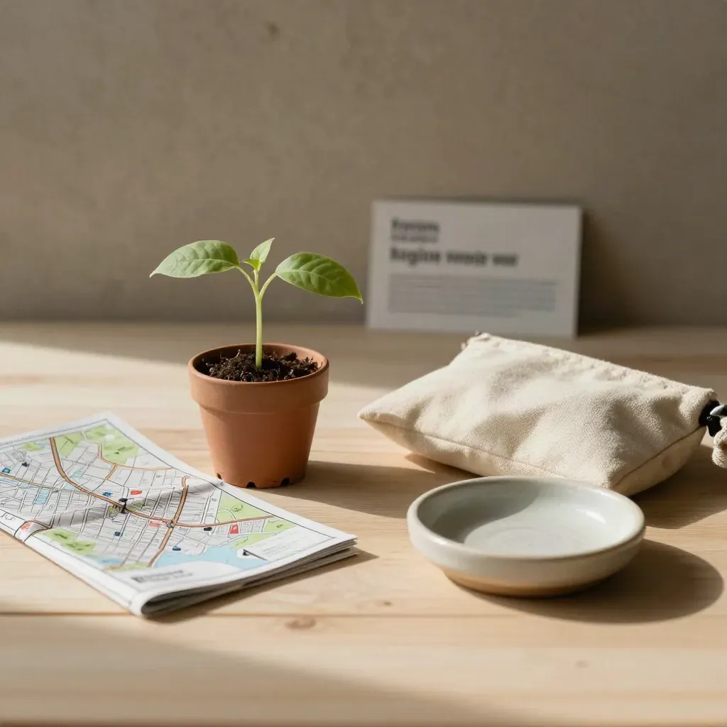 Seedling, folded map, canvas pouch and ceramic dish on pale wood in soft daylight.